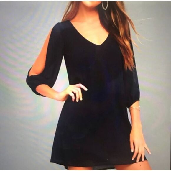Lulus Shifting Dears Navy Blue Long Sleeve Mini Shift Dress Size Medium - Picture 1 of 7